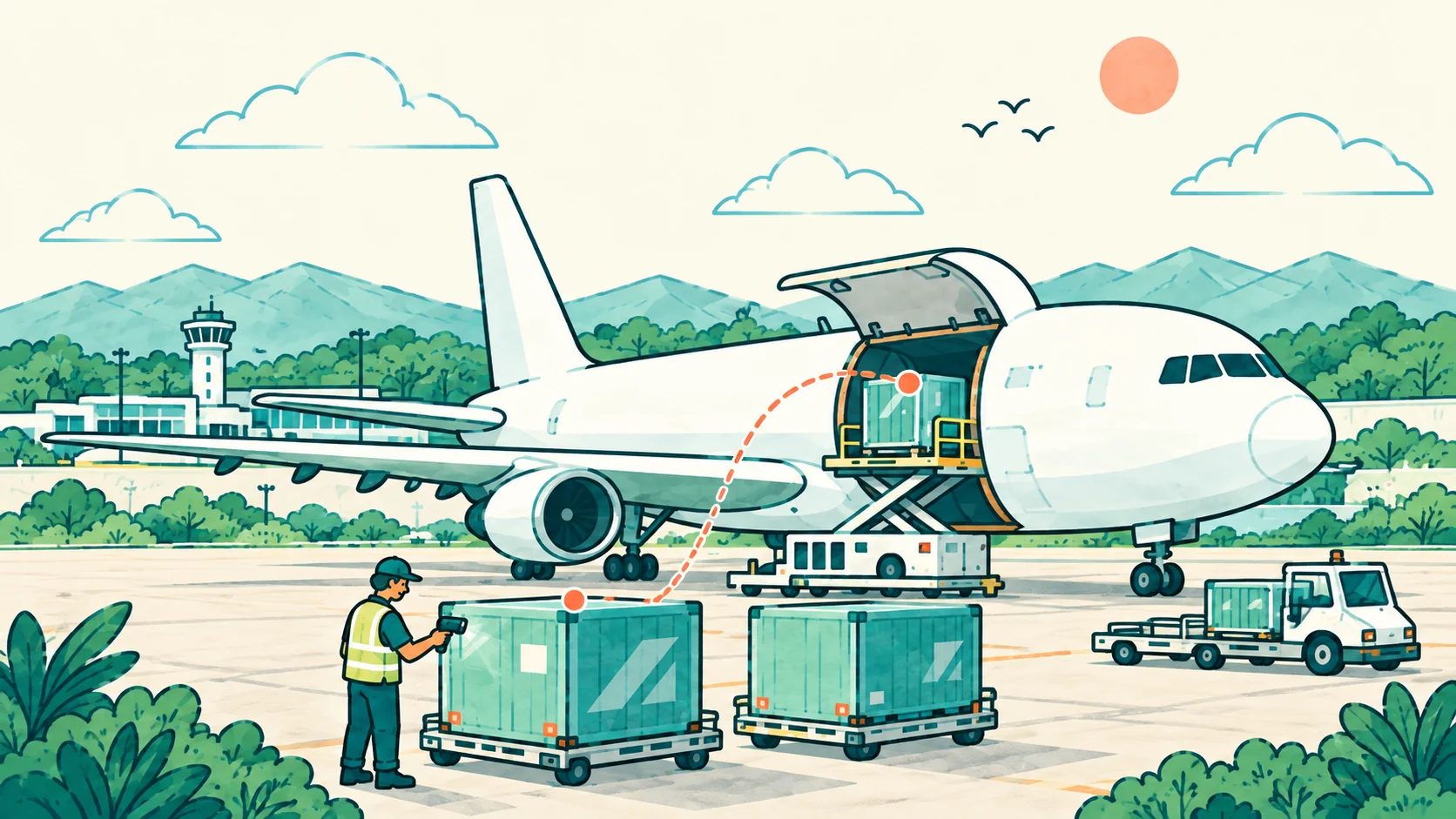 Avião cargueiro recebendo contêineres acompanhados por um profissional