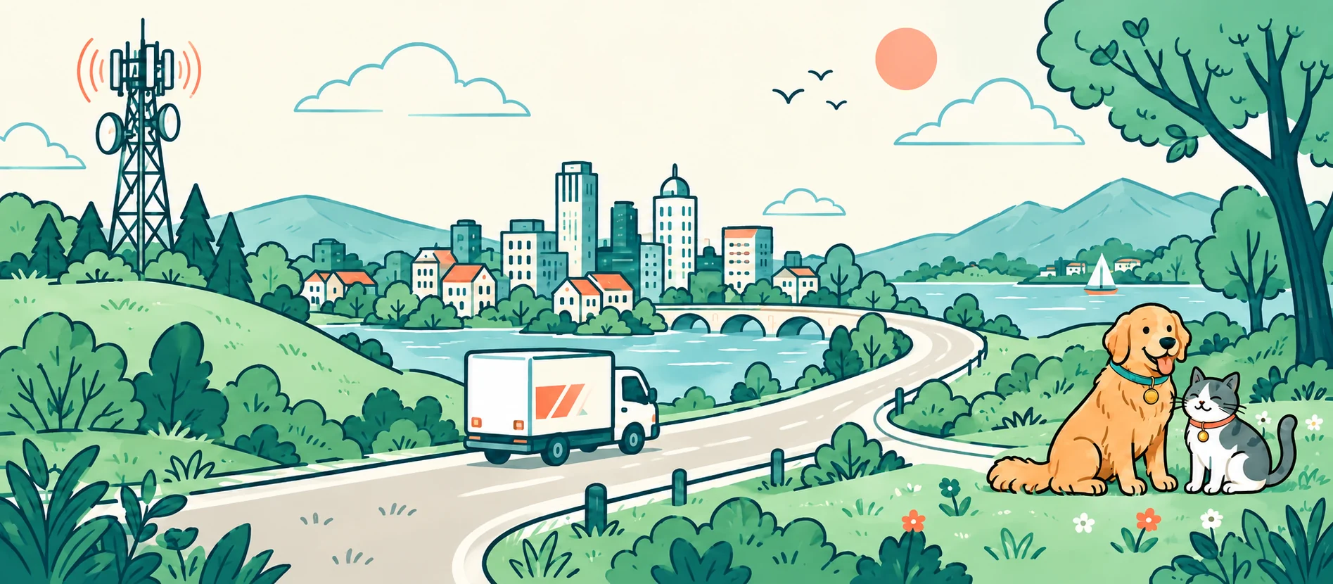Ilustração de uma antena, uma cidade, um caminhão na estrada e dois pets com coleiras em um parque